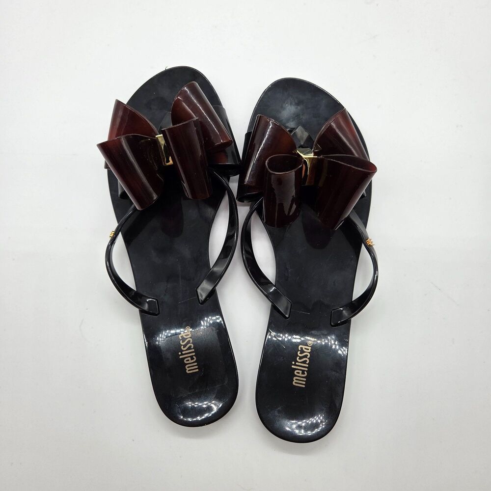 MELISSA Harmonic Bow IX Sandal Tortoise Black Thong Size 8 - Picture 4 of 6